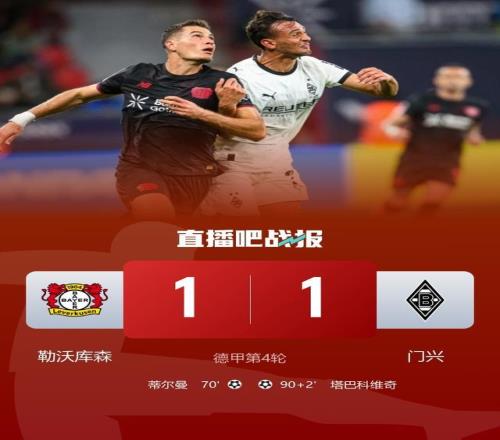德甲勒沃库森11被门兴逼平蒂尔曼破门塔巴科维奇补时救主