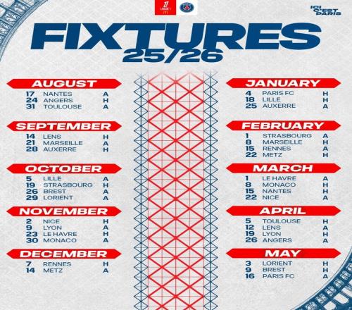 巴黎新赛季联赛赛程：首轮8月17日客战南特末轮客战巴黎FC