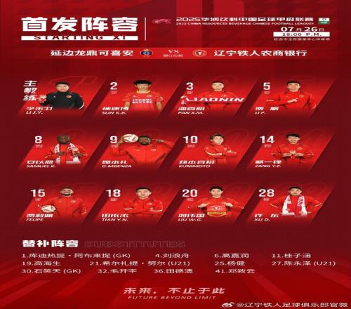 中甲联赛第18轮，延边龙鼎vs辽宁铁人首发出炉！
