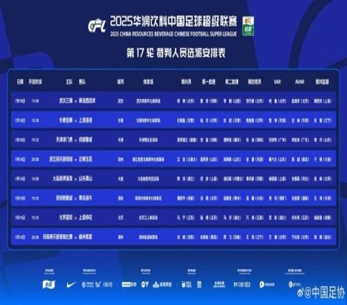 中超第17轮裁判：麦麦提江执法天津vs蓉城，傅明执法三镇vs西海岸