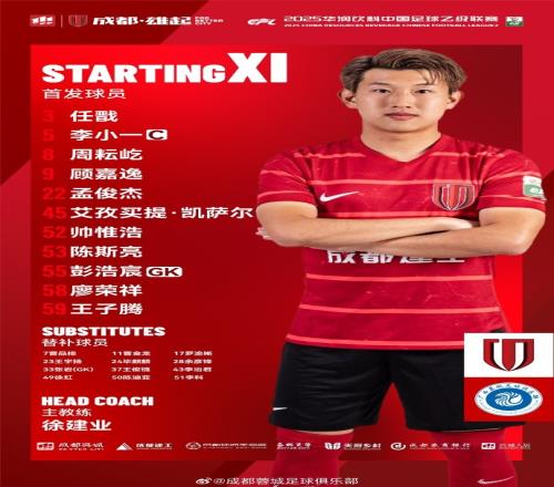 中乙联赛成都蓉城B队vs广西蓝航比赛首发名单出炉