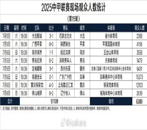 2025中甲联赛现场观众人数统计第15轮