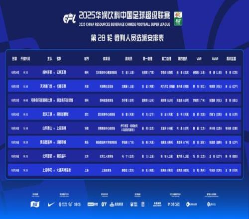 中超第28轮裁判：坦塔舍夫执法山东vs海港，马宁吹国安vs海牛