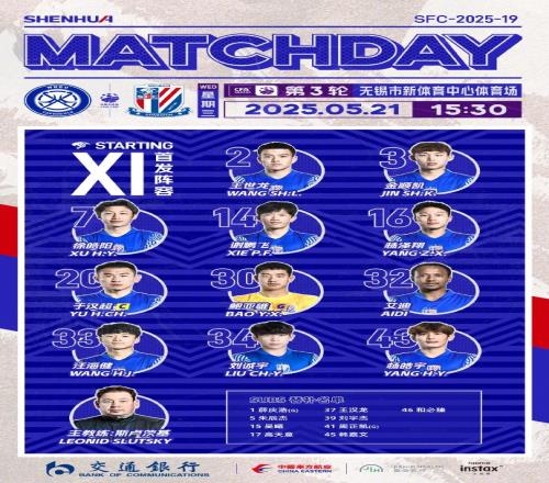 2025中国足协杯第3轮无锡吴钩vs上海申花首发名单