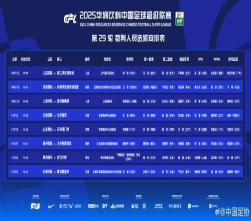 中超第29轮裁判安排出炉！