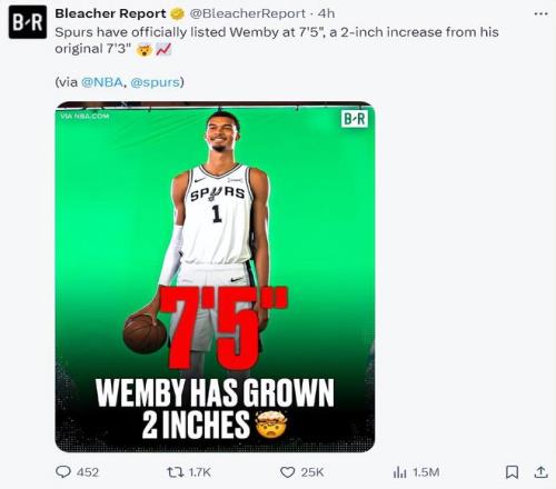 短短9天又长2厘米文班亚马已2.26米美媒：NBA官网更新到7尺5