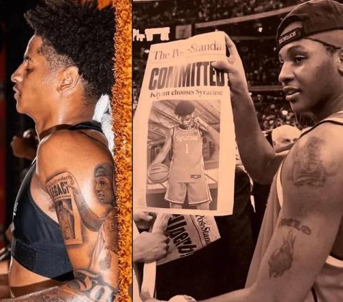 父子传承，基扬安东尼将老爸NCAA夺冠照纹在了胳膊上