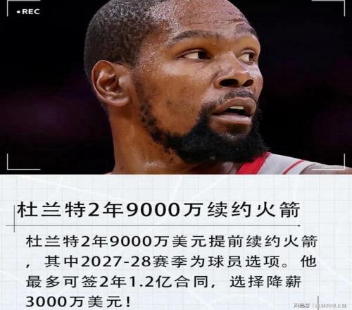 疯狂降薪！2年仅签9000万！杜兰特宣布提前续约火箭