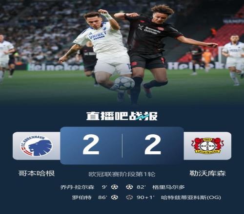 欧冠勒沃库森22哥本哈根埃切维里造绝平乌龙格里马尔多破门
