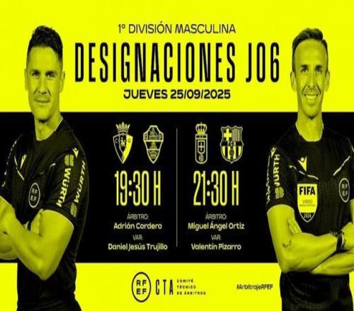 西甲第6轮裁判安排：奥蒂兹执法巴萨，科尔德罗主裁奥萨苏纳