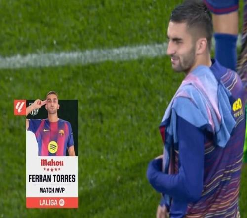 梅开二度，费兰托雷斯当选巴萨vs赫塔费全场最佳