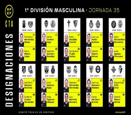 西甲第35轮裁判：亚历杭德罗埃尔南德斯执法国家德比