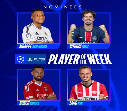 欧冠周最佳球员候选：姆巴佩领衔，维蒂尼亚、诺阿朗、科克库入选