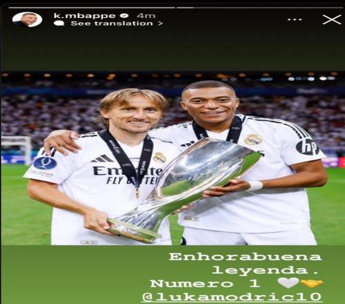 姆巴佩社媒晒与莫德里奇合影:祝贺传奇,Number one!