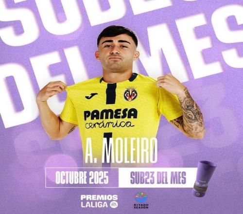 官方：比利亚雷亚尔前锋莫莱罗当选西甲10月最佳U23球员