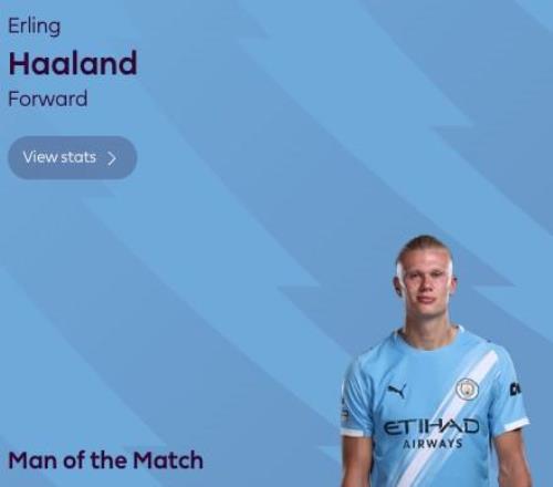 2射1传，哈兰德当选曼城vs伯恩利全场最佳球员