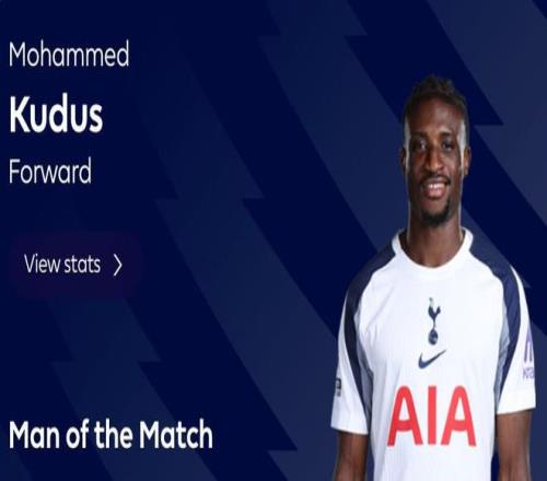 热刺连追两球战平布莱顿，送出助攻的库杜斯当选全场最佳球员