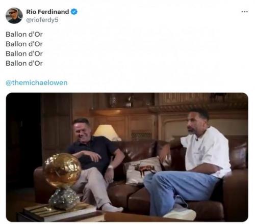 终生荣耀！欧文接受采访时向费迪南德展示金球奖