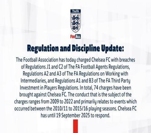 英足总官方：对切尔西提起74项财务指控，涉及2009年2022年间