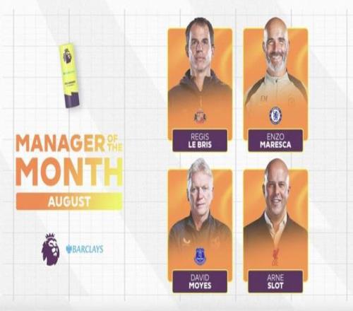 英超8月最佳主帅候选：斯洛特、马雷斯卡、莫耶斯&布里斯入围