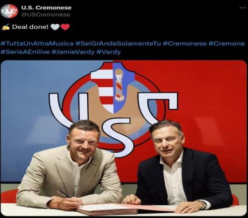 蓝狐传奇！官方：38岁英格兰中锋瓦尔迪加盟意甲克雷莫内塞