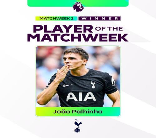 英超官方：热刺中场帕利尼亚当选本轮最佳球员