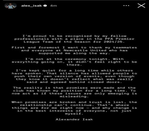 伊萨克社媒长文抨击纽卡：当信任丧失时，关系就无法继续