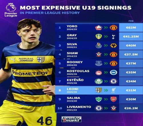 英超最贵U19引援榜：约罗6200万欧居首，莱奥尼3100万欧第8