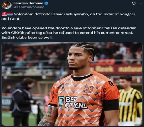 罗马诺：前切尔西后卫姆布扬巴受到流浪者和根特关注