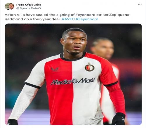 记者：维拉签下费耶诺德18岁前锋雷德蒙德，合同期限为4年