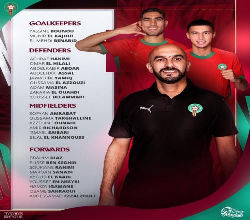 摩洛哥名单：阿什拉夫、恩内斯里、B迪亚斯、阿姆拉巴特在列