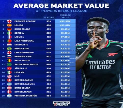 各联赛球员平均市场价值榜：英超遥遥领先，沙联12美职联15