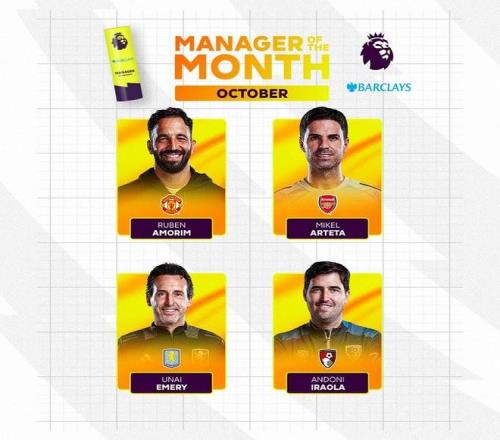 英超10月最佳主帅候选：阿莫林、阿尔特塔、埃梅里、伊劳拉