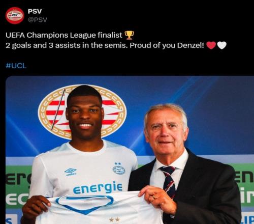 埃因霍温祝贺邓弗里斯：半决赛2球3助攻，我们为你感到骄傲！