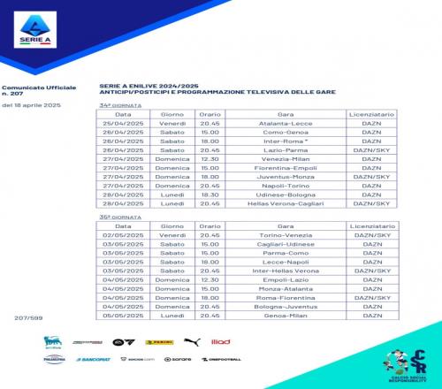 意甲34&35轮时间：4月27日国米vs罗马，5月5日博洛尼亚vs尤文