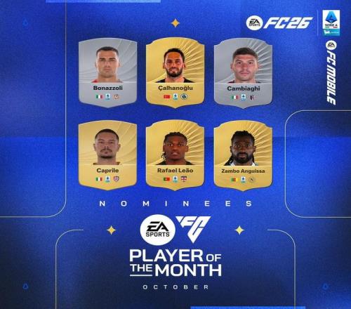 意甲10月最佳球员候选：恰尔汗奥卢、莱奥、安古伊萨在列