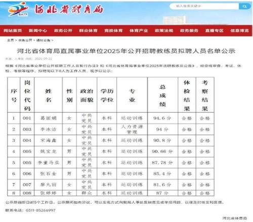 河北省体育局公开招聘教练员拟聘人员名单公示，李冰洁在列