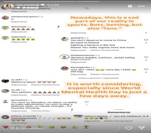 斯瓦泰克公开粉丝&赌徒骚扰信息：体育界的现实令人悲伤