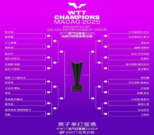 WTT澳门冠军赛：王楚钦首轮对阵松岛辉空，国乒男单4人在上半区