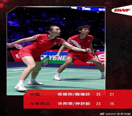 蒋振邦魏雅欣20战胜马来西亚组合，锁定一枚世锦赛奖牌