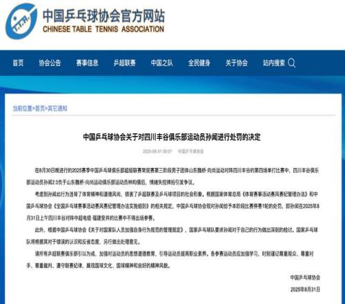 中国乒协：运动员孙闻输球后情绪失控摔拍，给予停赛1轮处罚