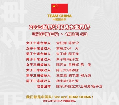 中国跳水队公布世界杯瓜达拉哈拉站名单：全红婵、陈芋汐出战